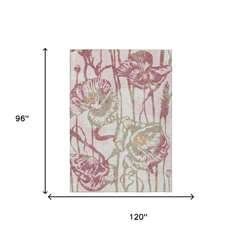 8' X 10' Pink And Linen Floral Washable Indoor Outdoor Area Rug Homeroots Outdoor