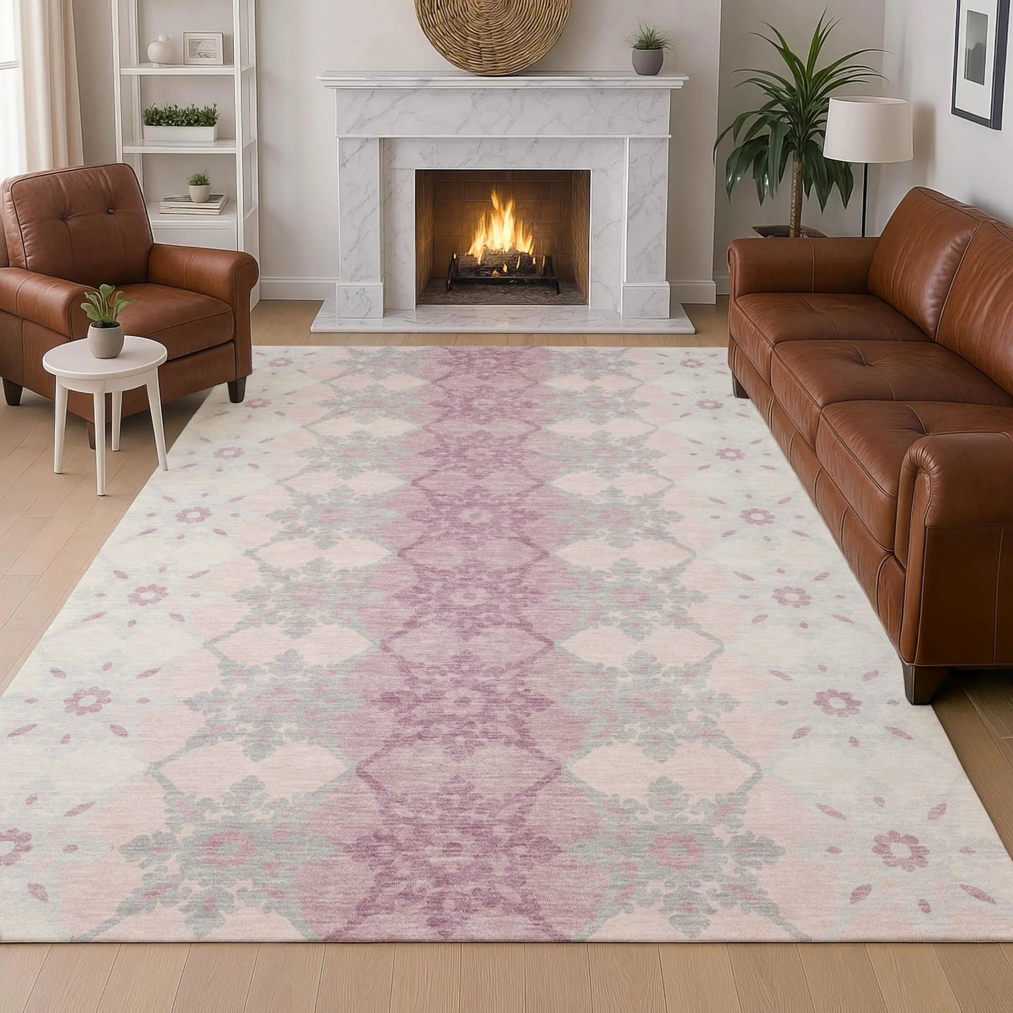 8' X 10' Pink And Pearl Floral Medallion Washable Indoor Outdoor Area Rug Homeroots Outdoor