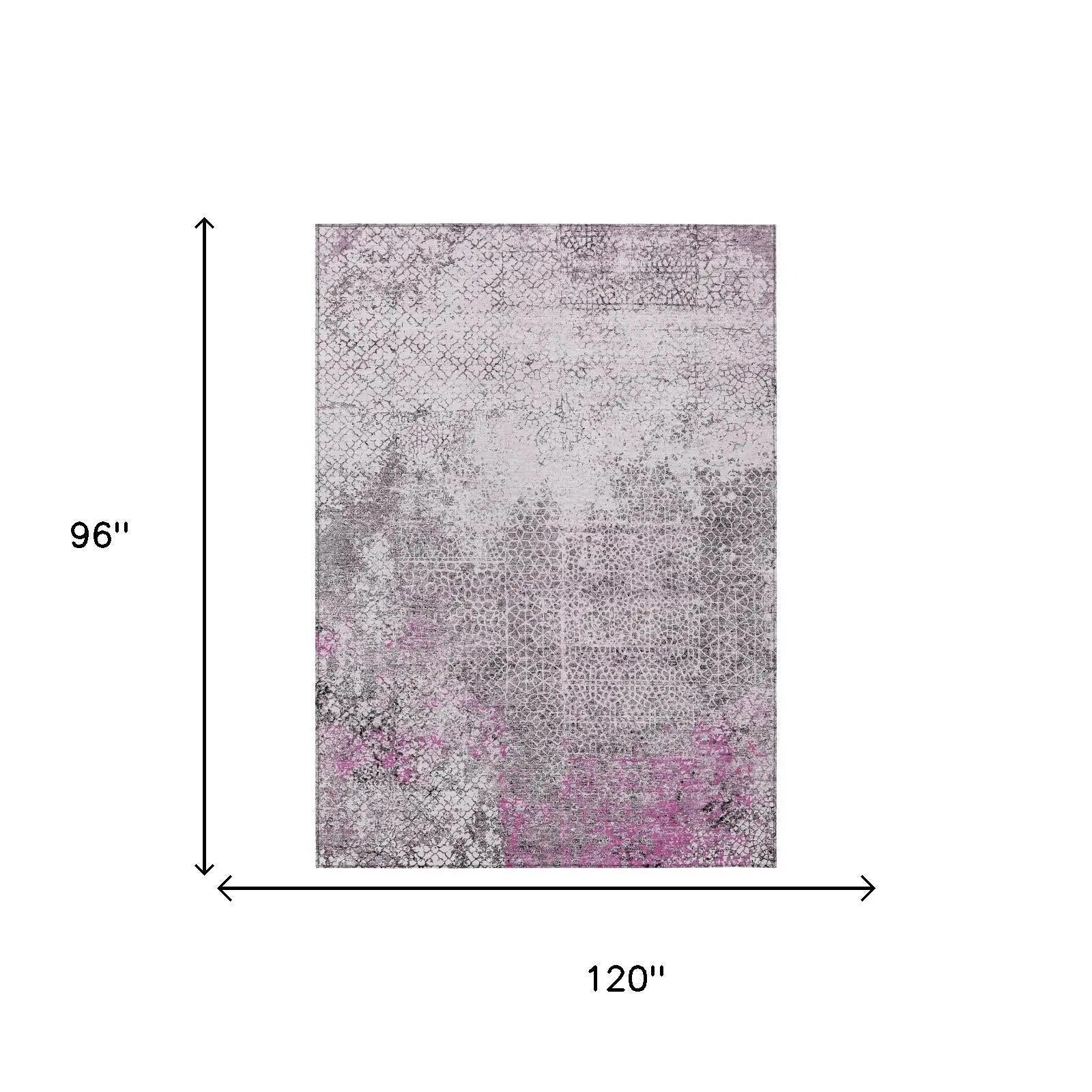 Vibrant purple and gray patterned area rug, 120" x 96", modern design with abstract floral accents.