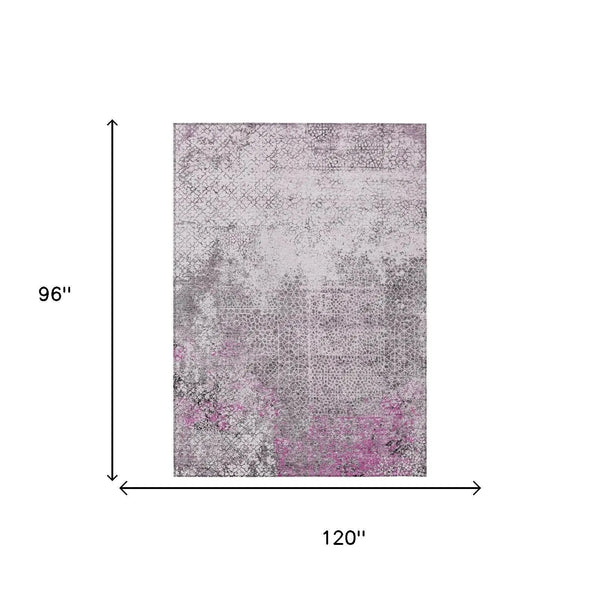 Vibrant purple and gray patterned area rug, 120" x 96", modern design with abstract floral accents.