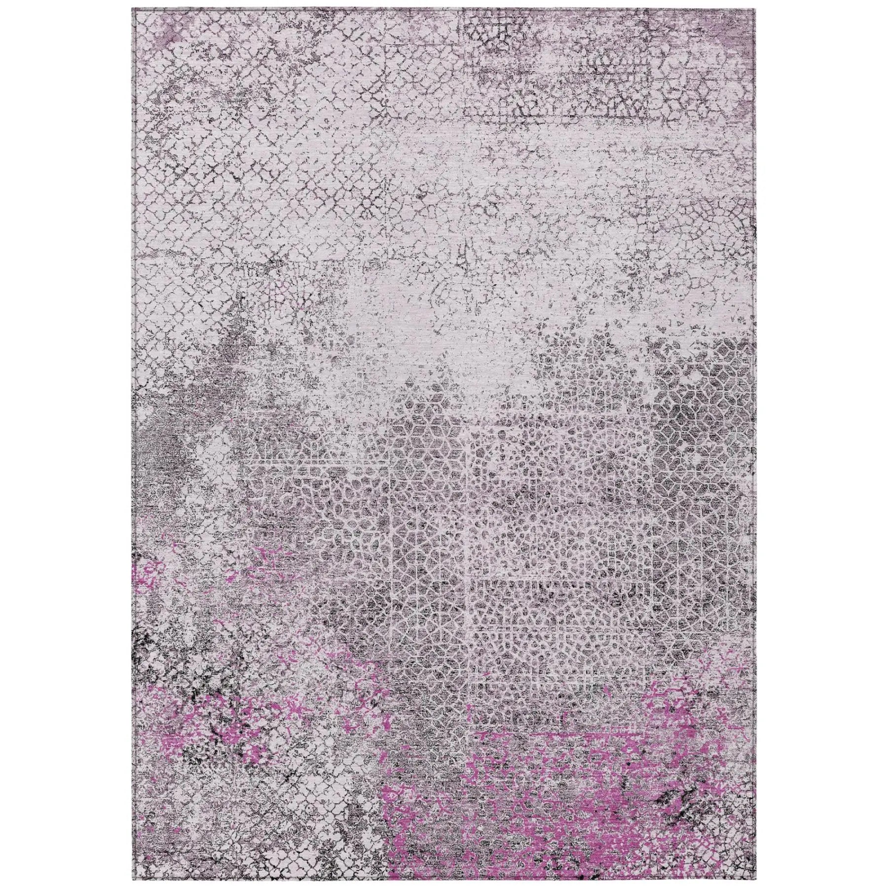 Purple and gray abstract area rug with a textured pattern, perfect for modern home decor. Durable synthetic materials.