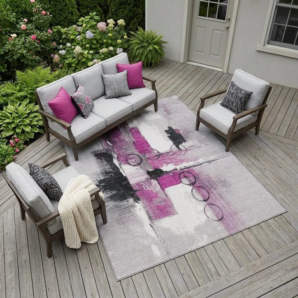 8' X 10' Pink And Silver Abstract Washable Indoor Outdoor Area Rug Homeroots Outdoor