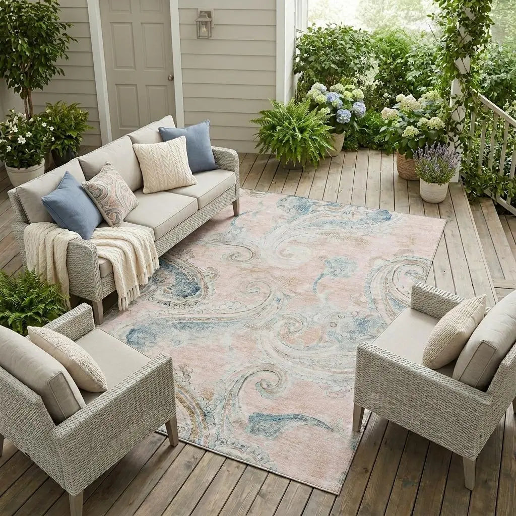 8' X 10' Pink And Silver Paisley Washable Indoor Outdoor Area Rug Homeroots Outdoor