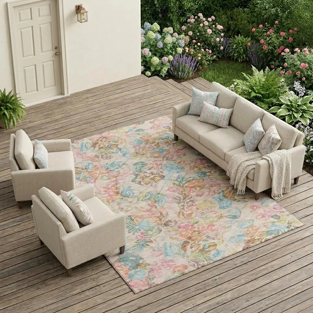 8' X 10' Pink And Tan Floral Washable Indoor Outdoor Area Rug Homeroots Outdoor
