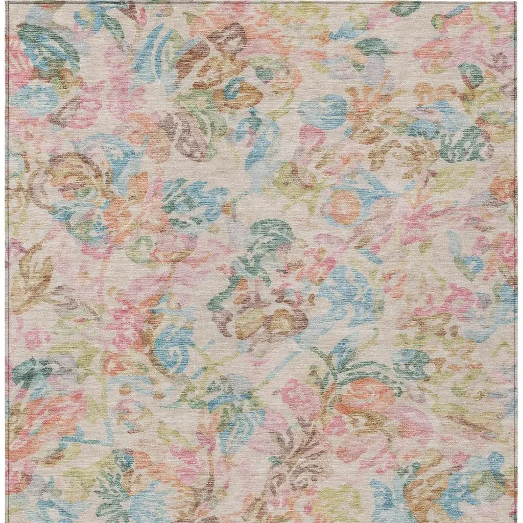 8' X 10' Pink And Tan Floral Washable Indoor Outdoor Area Rug Homeroots Outdoor