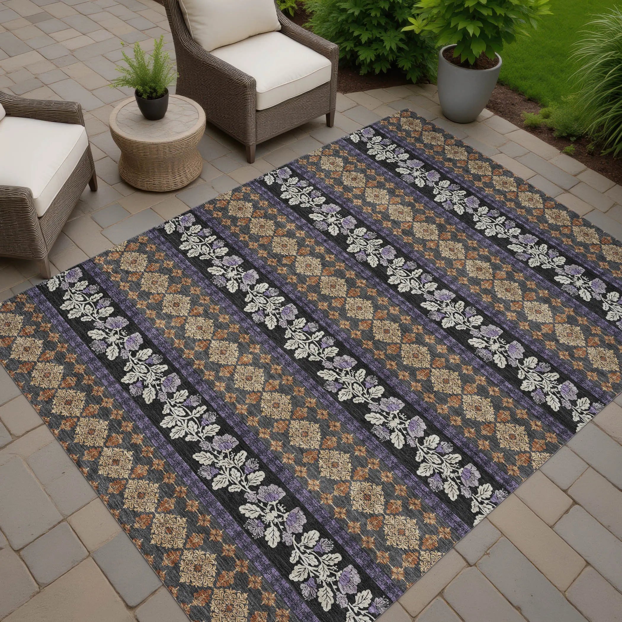 8' X 10' Plum And Copper Striped Washable Indoor Outdoor Area Rug Homeroots Outdoor