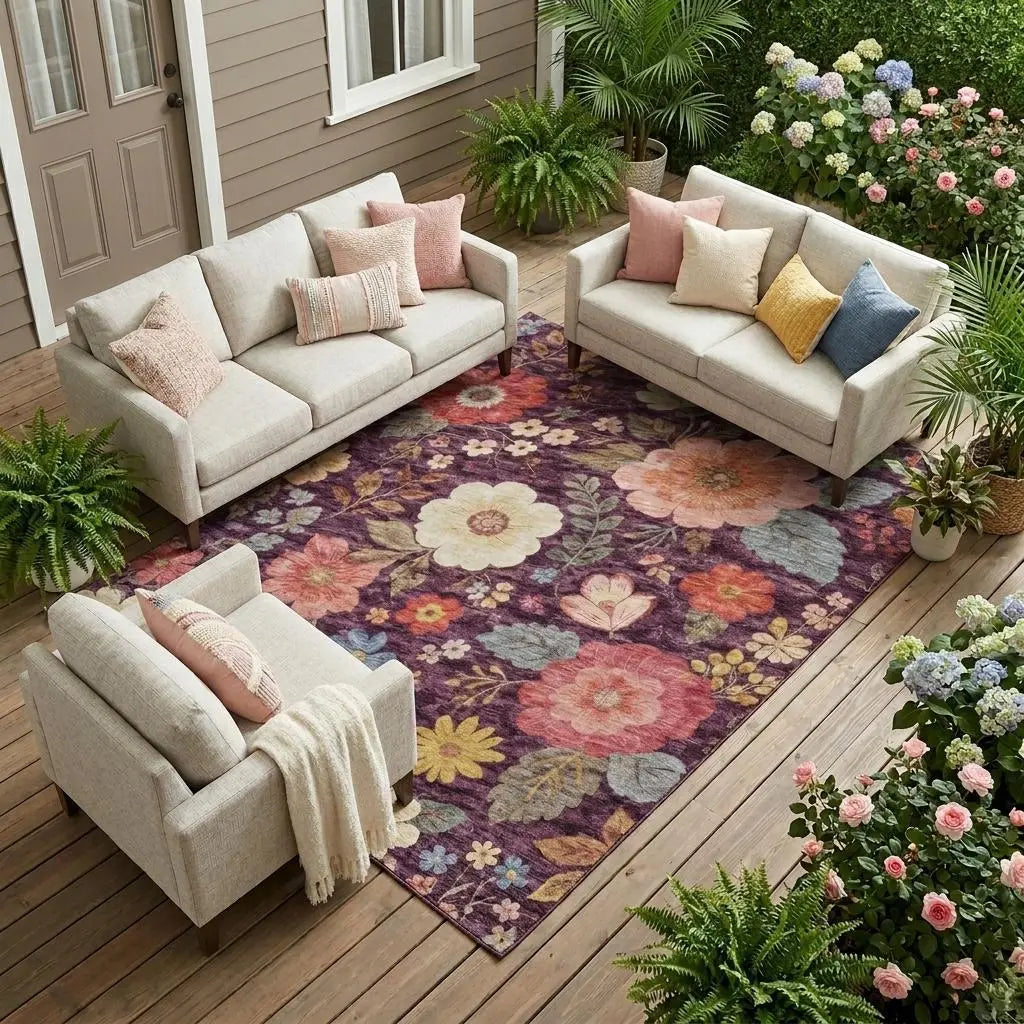 8' X 10' Plum And Purple Floral Washable Indoor Outdoor Area Rug Homeroots Outdoor
