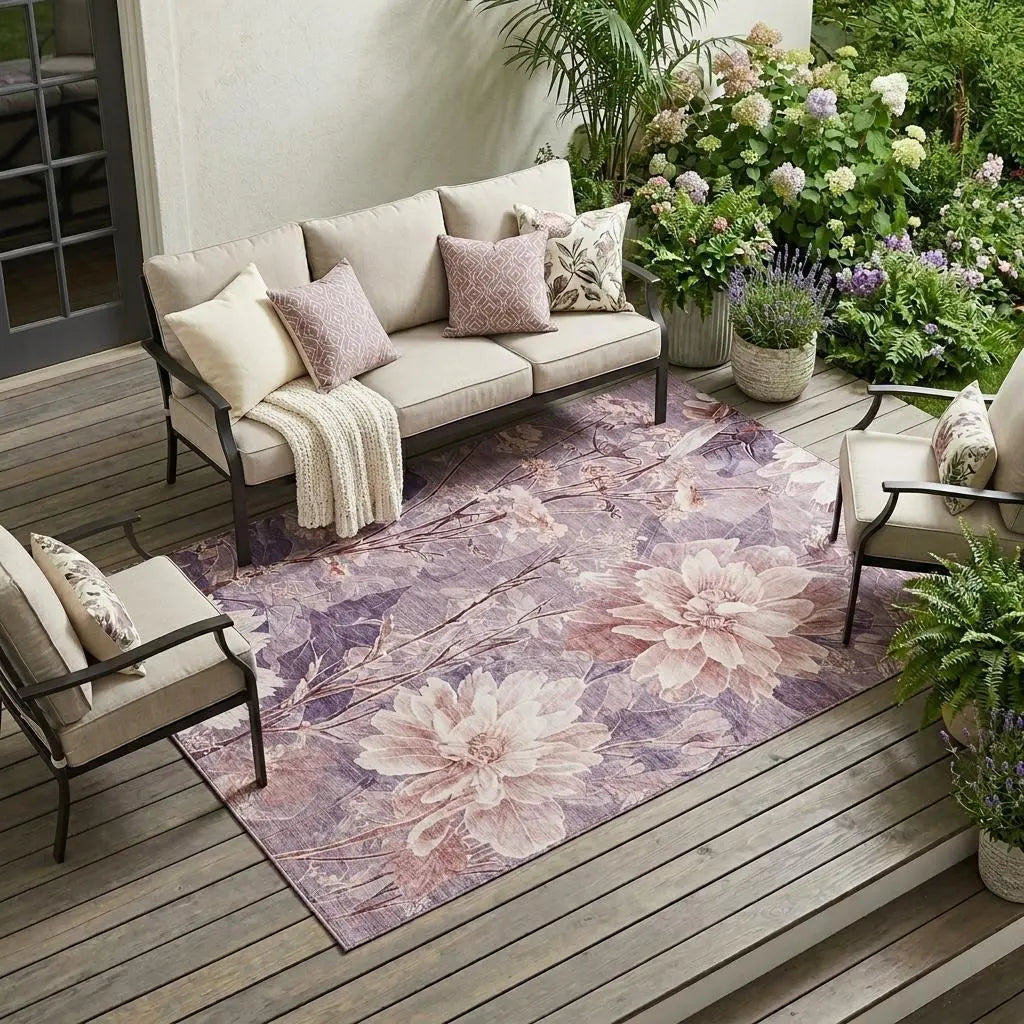 8' X 10' Plum And Purple Floral Washable Indoor Outdoor Area Rug Homeroots Outdoor