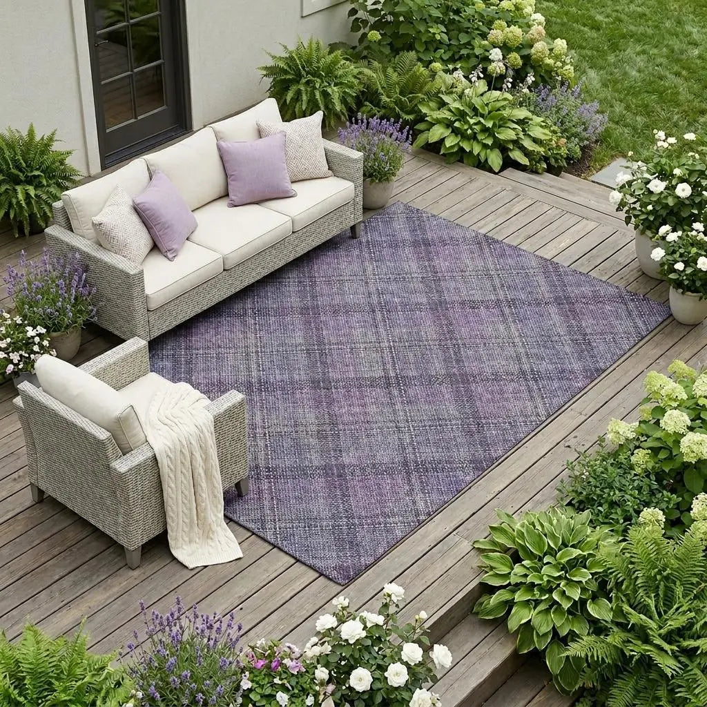 8' X 10' Plum And Purple Plaid Washable Indoor Outdoor Area Rug Homeroots Outdoor