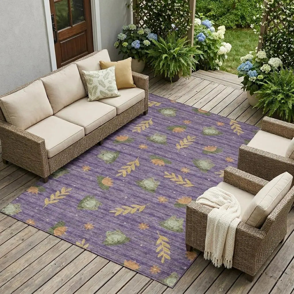 8' X 10' Purple And Lilac Botanical Leaves Washable Indoor Outdoor Area Rug Homeroots Outdoor