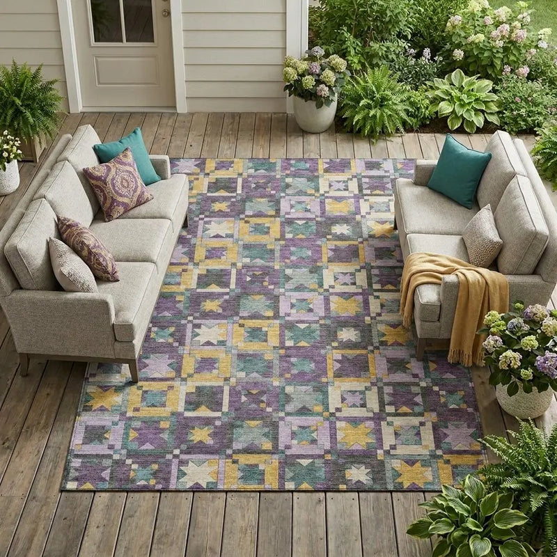 8' X 10' Purple And Teal Blue Patchwork Washable Indoor Outdoor Area Rug Homeroots Outdoor