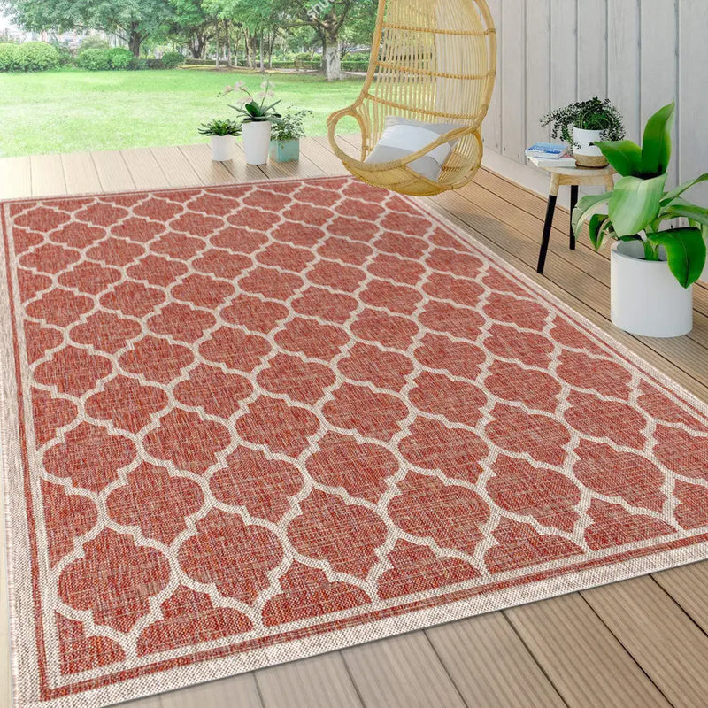 8' X 10' Red And Beige Geometric Indoor Outdoor Area Rug Homeroots Outdoor