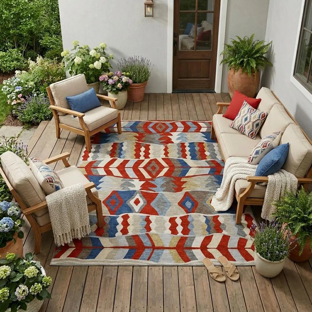 8' X 10' Red And Beige Geometric Washable Indoor Outdoor Area Rug Homeroots Outdoor