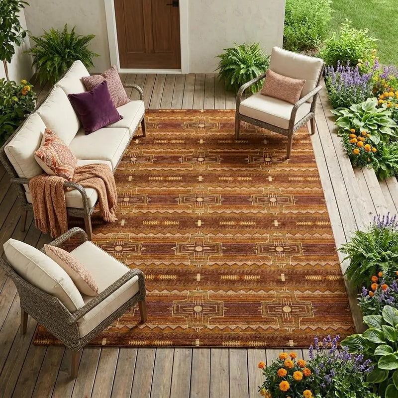 8' X 10' Red And Brown Tribal Washable Indoor Outdoor Area Rug Homeroots Outdoor