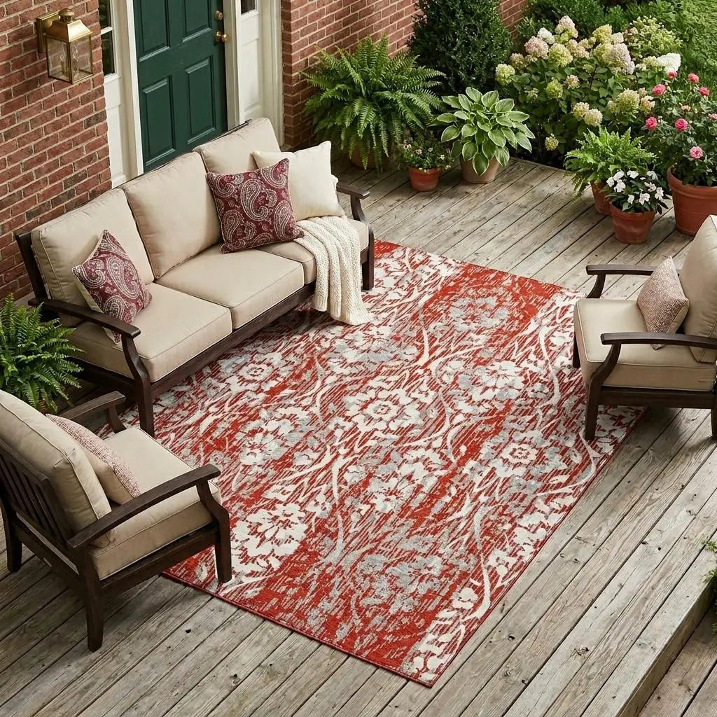 8' X 10' Red And Burgundy Damask Washable Indoor Outdoor Area Rug Homeroots Outdoor