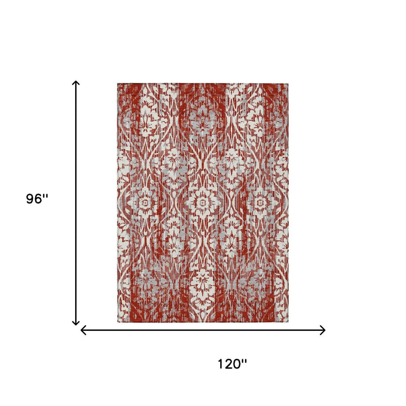 8' X 10' Red And Burgundy Damask Washable Indoor Outdoor Area Rug Homeroots Outdoor