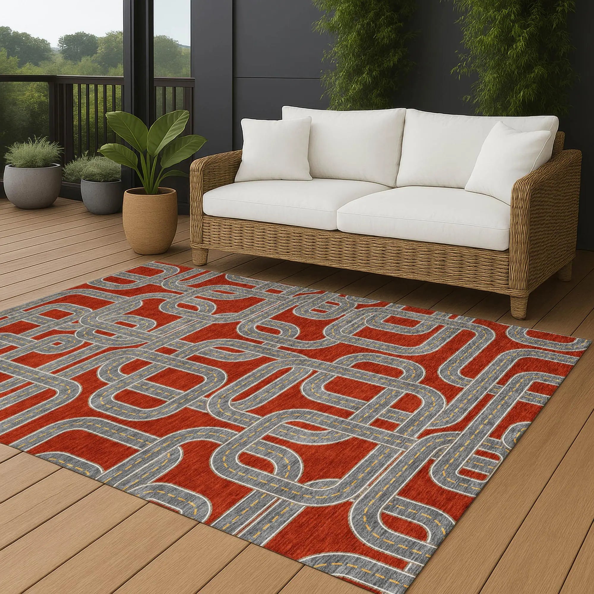 8' X 10' Red And Gray Geometric Washable Indoor Outdoor Area Rug Homeroots Outdoor