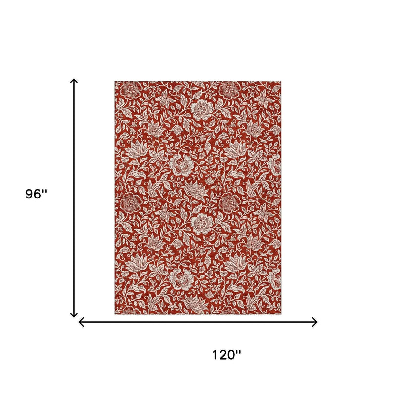 8' X 10' Red And Ivory Floral Washable Indoor Outdoor Area Rug Homeroots Outdoor