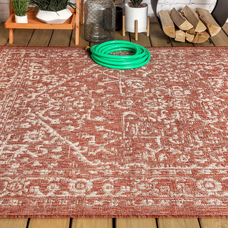 8' X 10' Red And Taupe Medallion Indoor Outdoor Area Rug Homeroots Outdoor