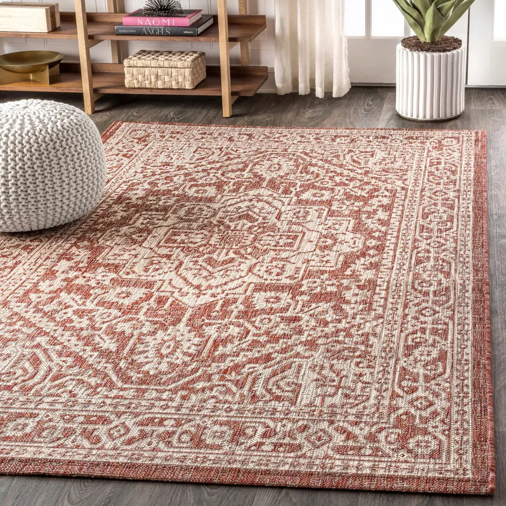 8' X 10' Red And Taupe Medallion Indoor Outdoor Area Rug Homeroots Outdoor