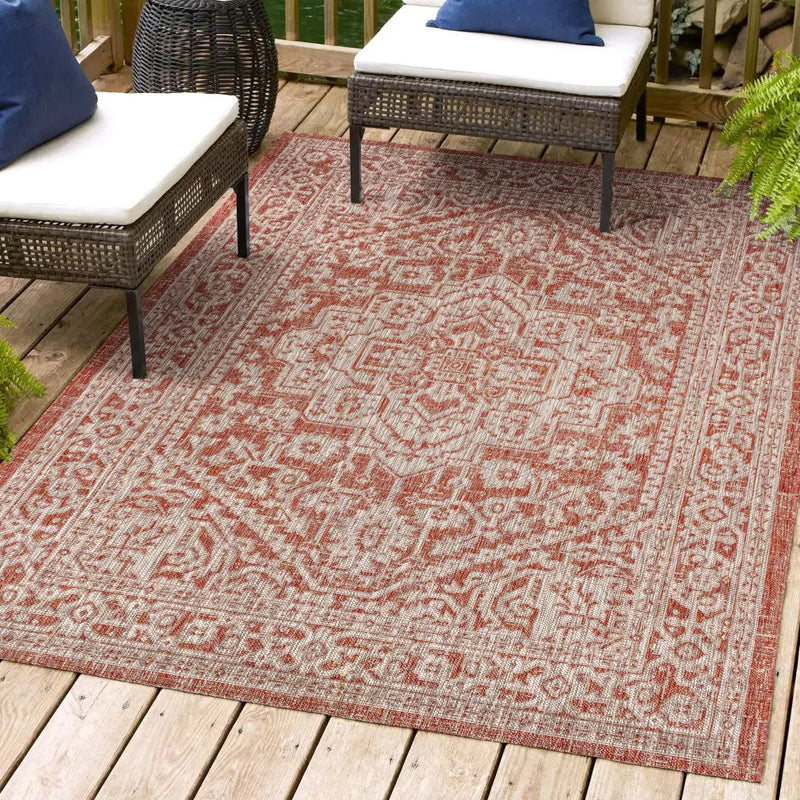 8' X 10' Red And Taupe Medallion Indoor Outdoor Area Rug Homeroots Outdoor