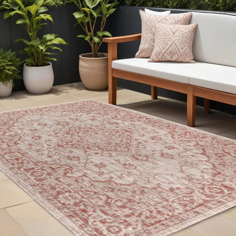 8' X 10' Red And Taupe Medallion Indoor Outdoor Area Rug Homeroots Outdoor