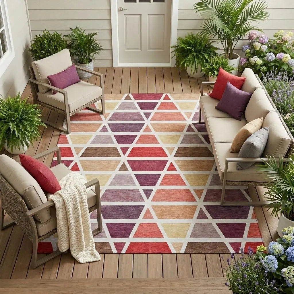 8' X 10' Red And White Geometric Washable Indoor Outdoor Area Rug Homeroots Outdoor