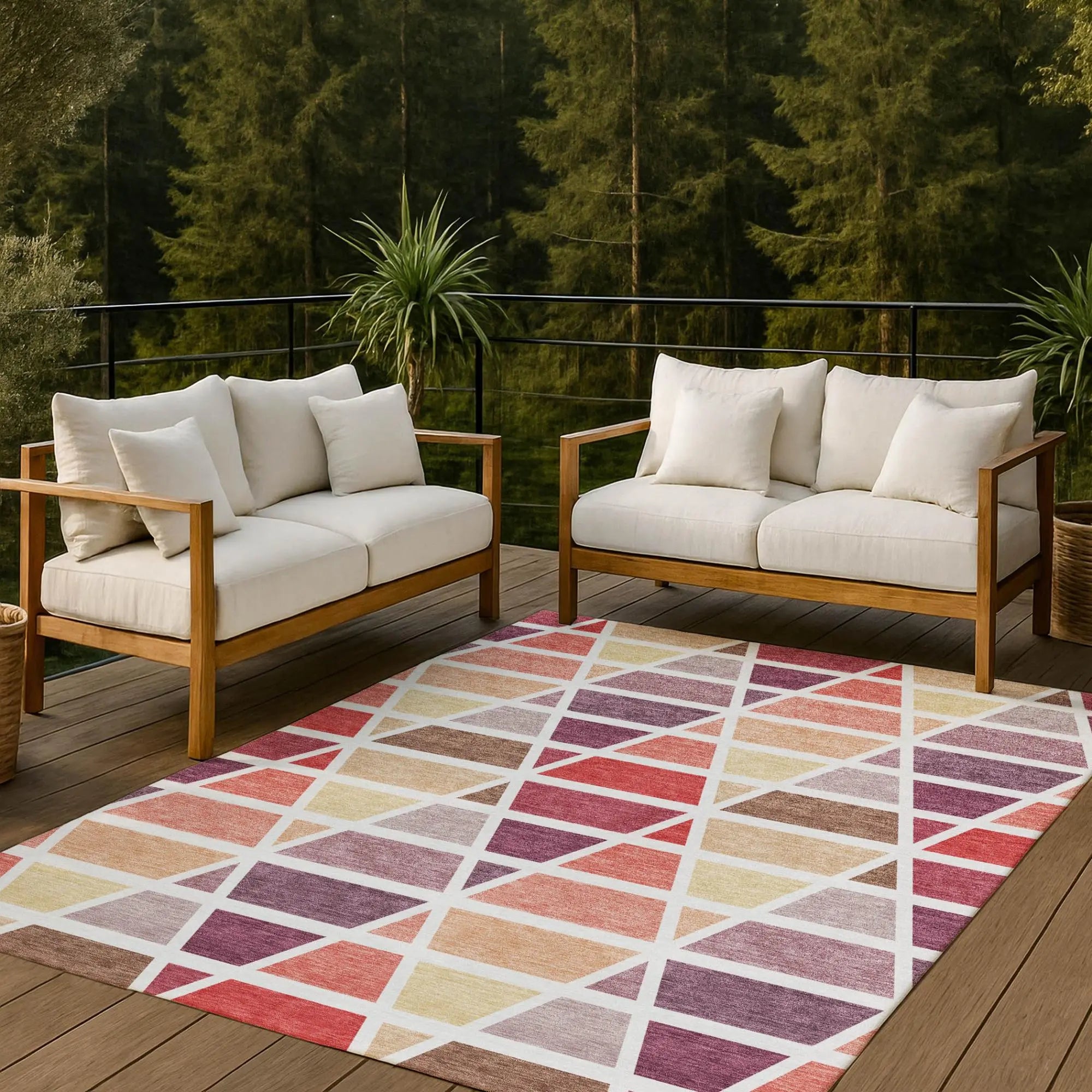 8' X 10' Red And White Geometric Washable Indoor Outdoor Area Rug Homeroots Outdoor