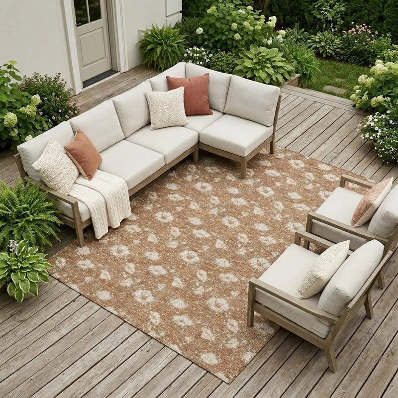 8' X 10' Rust And Orange Floral Washable Indoor Outdoor Area Rug Homeroots Outdoor