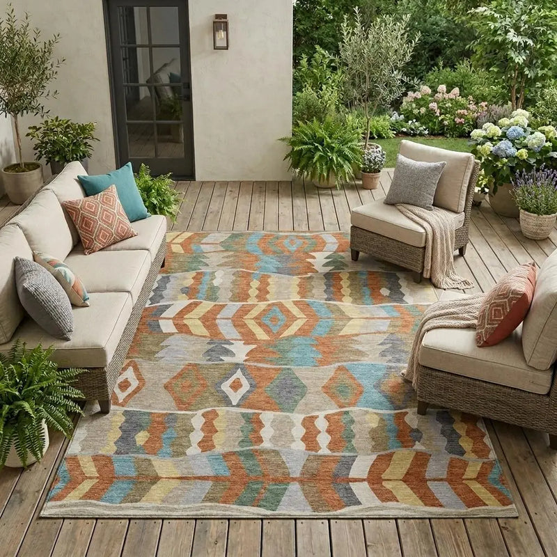 8' X 10' Rust And Orange Geometric Washable Indoor Outdoor Area Rug Homeroots Outdoor