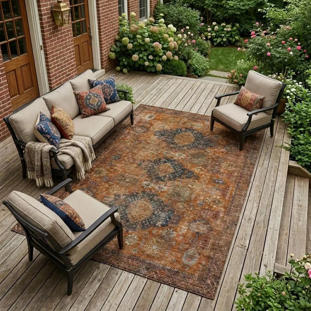 8' X 10' Rust And Orange Oriental Washable Indoor Outdoor Area Rug Homeroots Outdoor