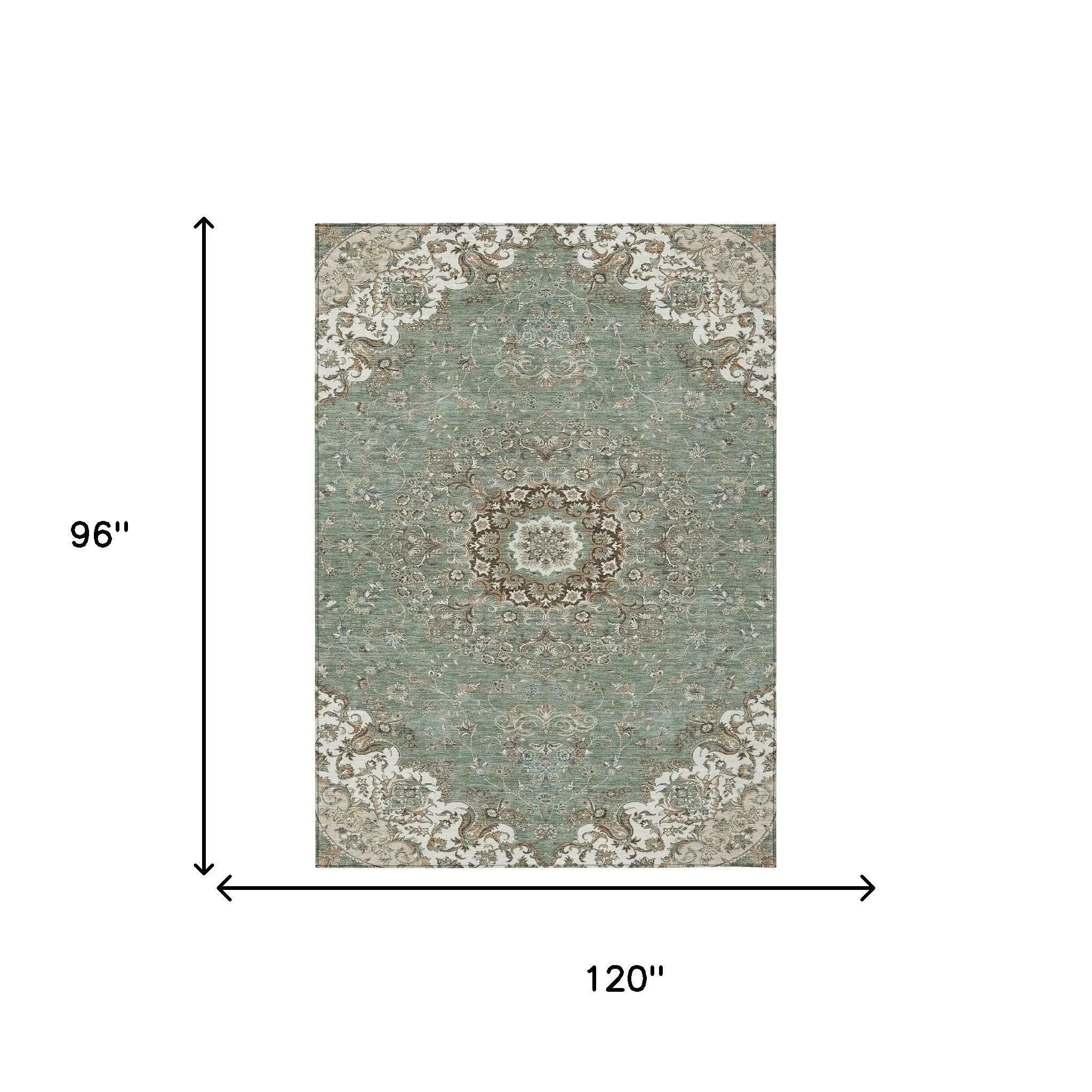 8' X 10' Sage And Beige Floral Medallion Washable Indoor Outdoor Area Rug Homeroots Outdoor