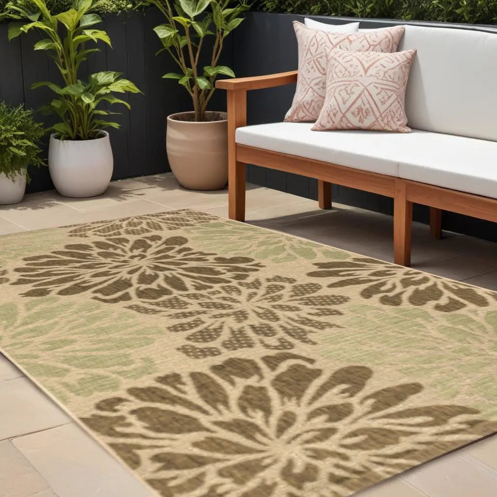 Beige outdoor area rug with floral design, perfect for patios, enhancing spaces with a natural, elegant vibe.