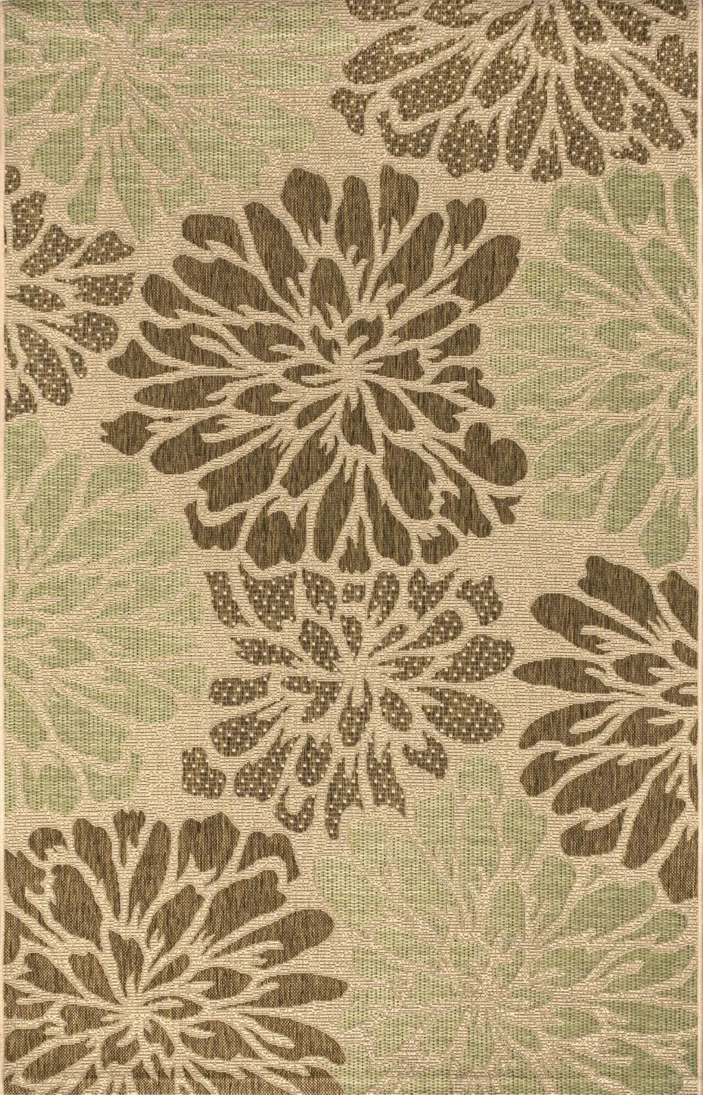 Beige floral area rug with green and brown textured flowers, perfect for modern home decor.