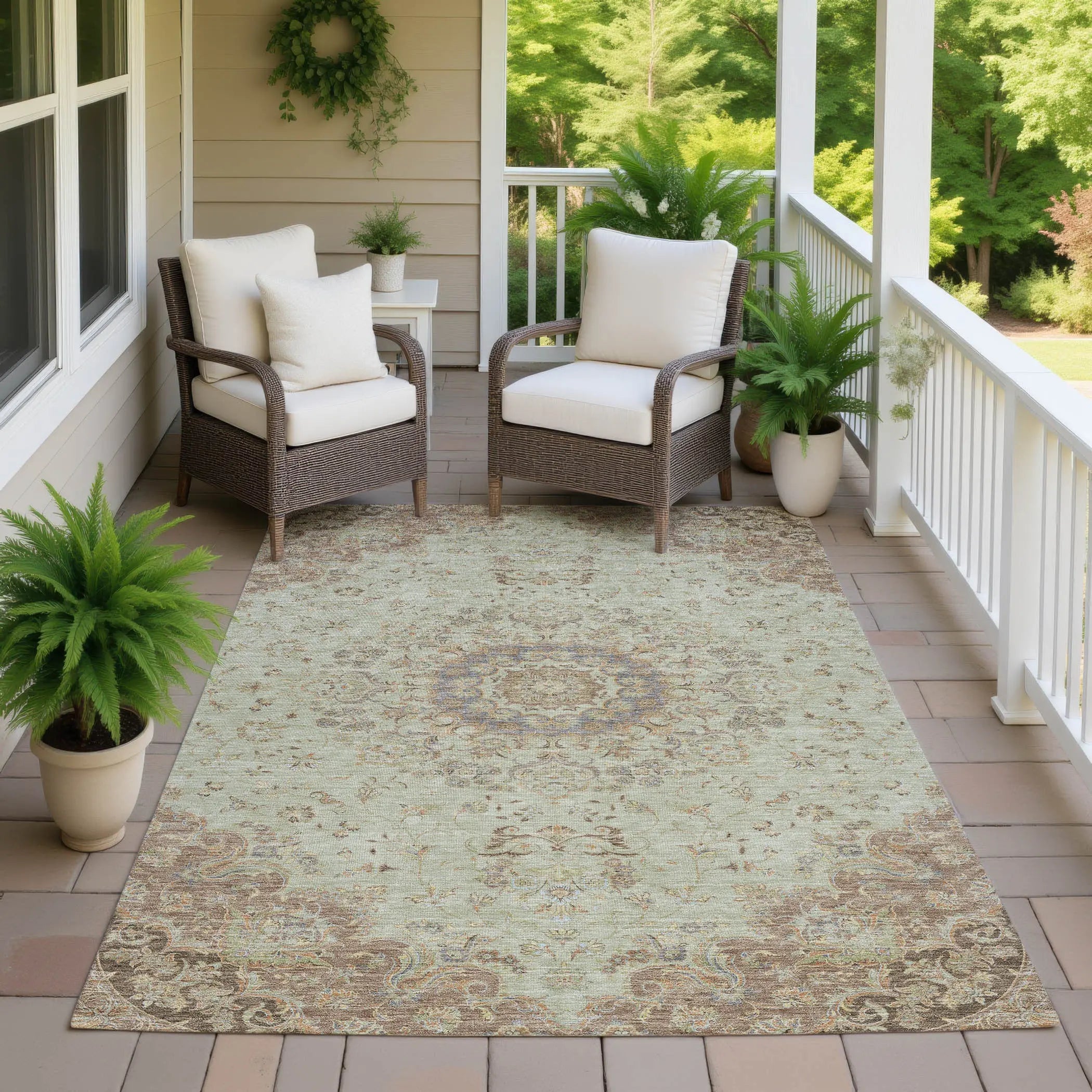 8' X 10' Sage And Brown Floral Medallion Washable Indoor Outdoor Area Rug Homeroots Outdoor