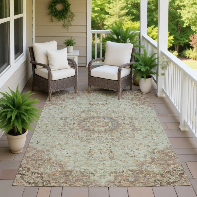 8' X 10' Sage And Brown Floral Medallion Washable Indoor Outdoor Area Rug Homeroots Outdoor