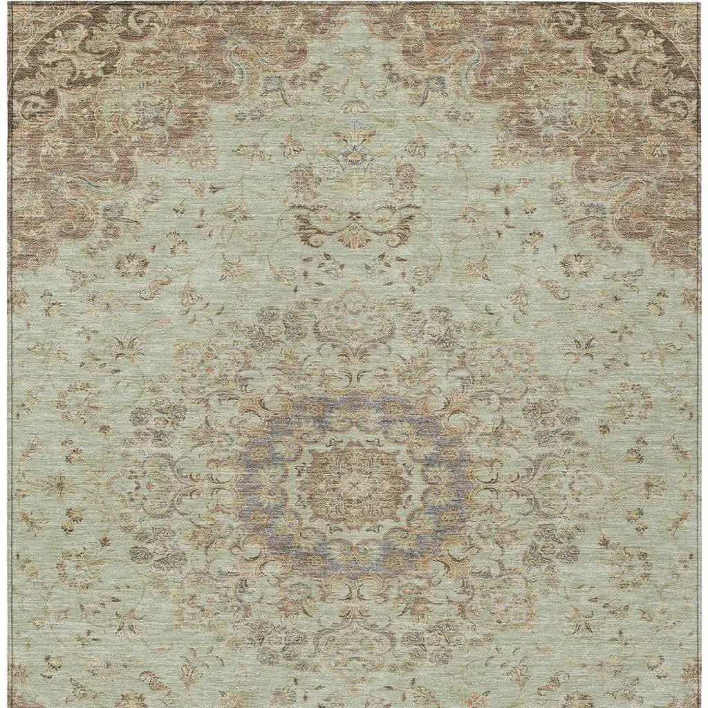 8' X 10' Sage And Brown Floral Medallion Washable Indoor Outdoor Area Rug Homeroots Outdoor