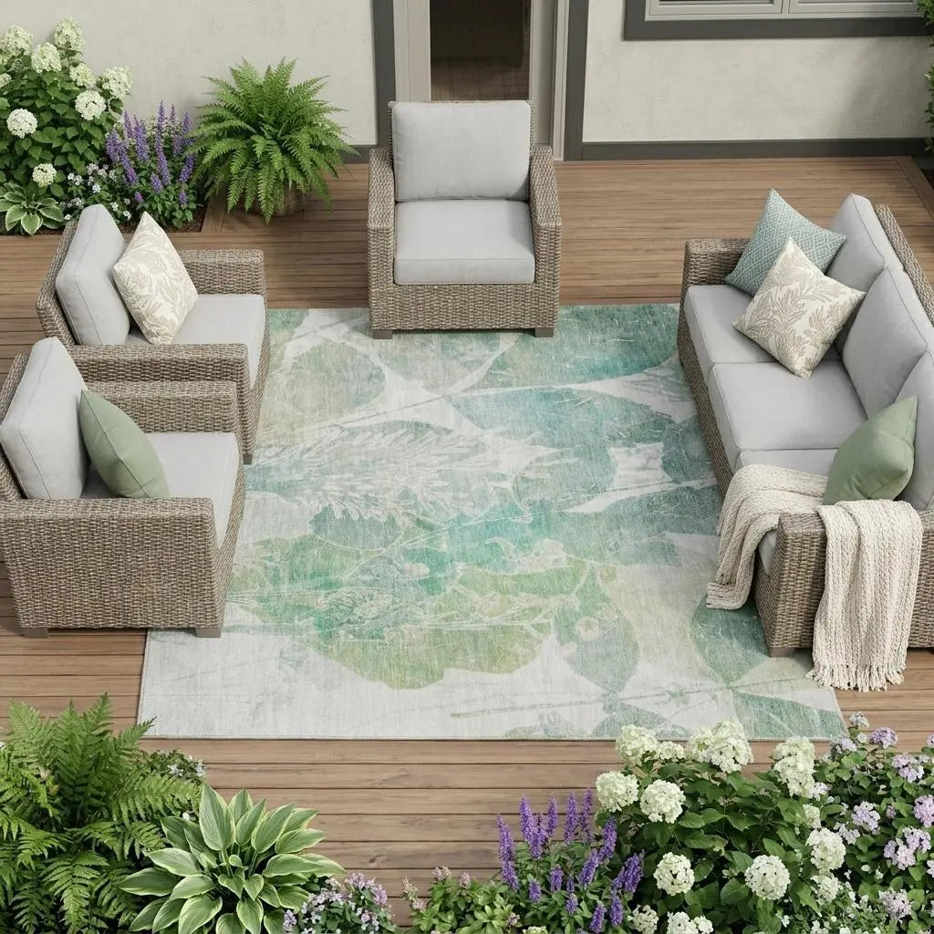 8' X 10' Sage And Green Botanical Leaves Washable Indoor Outdoor Area Rug Homeroots Outdoor