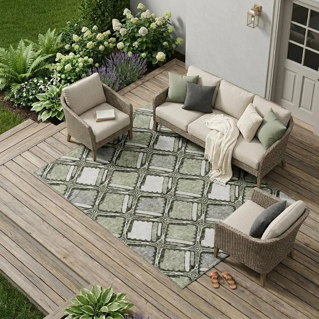 8' X 10' Sage And Green Geometric Washable Indoor Outdoor Area Rug Homeroots Outdoor