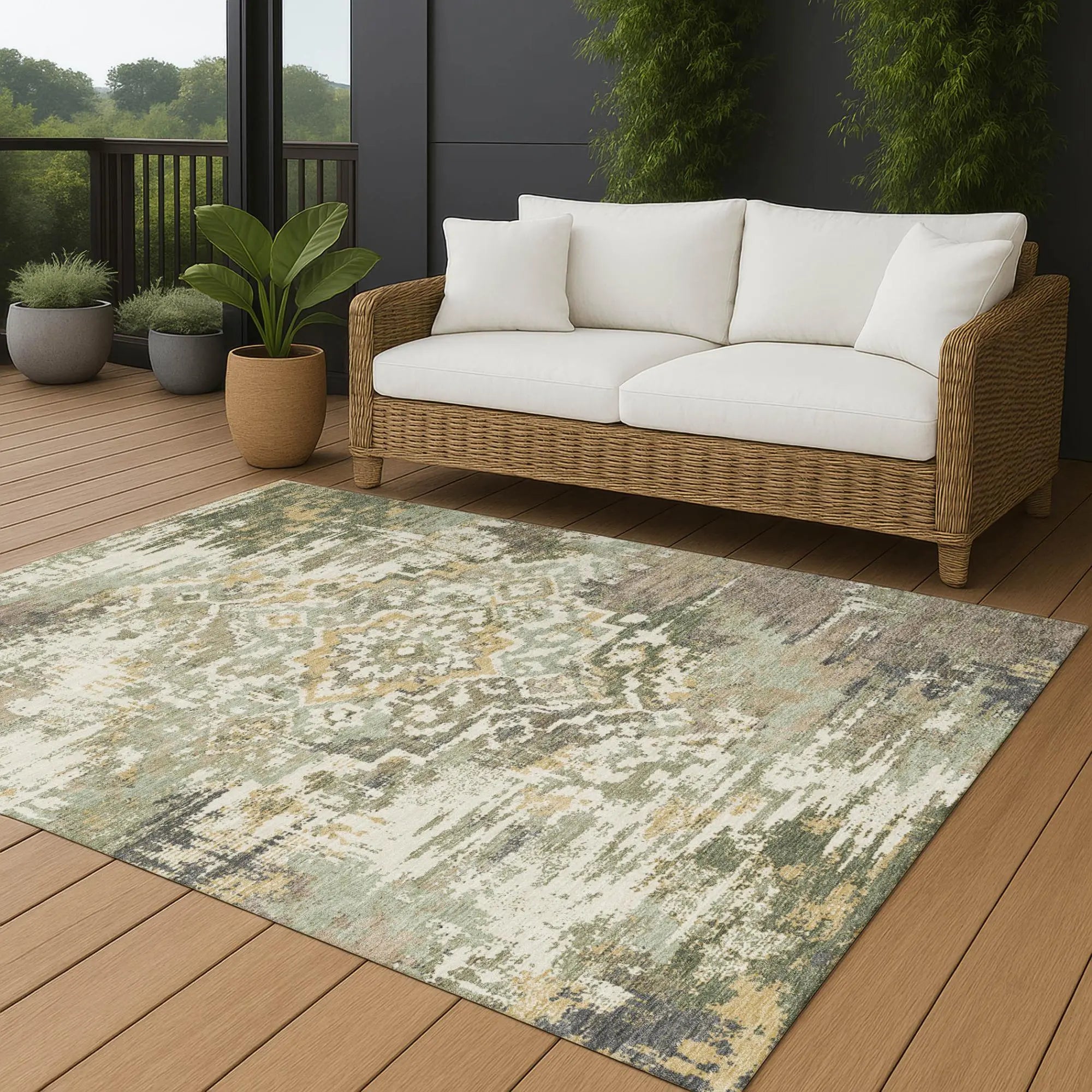 8' X 10' Sage And Green Medallion Washable Indoor Outdoor Area Rug Homeroots Outdoor