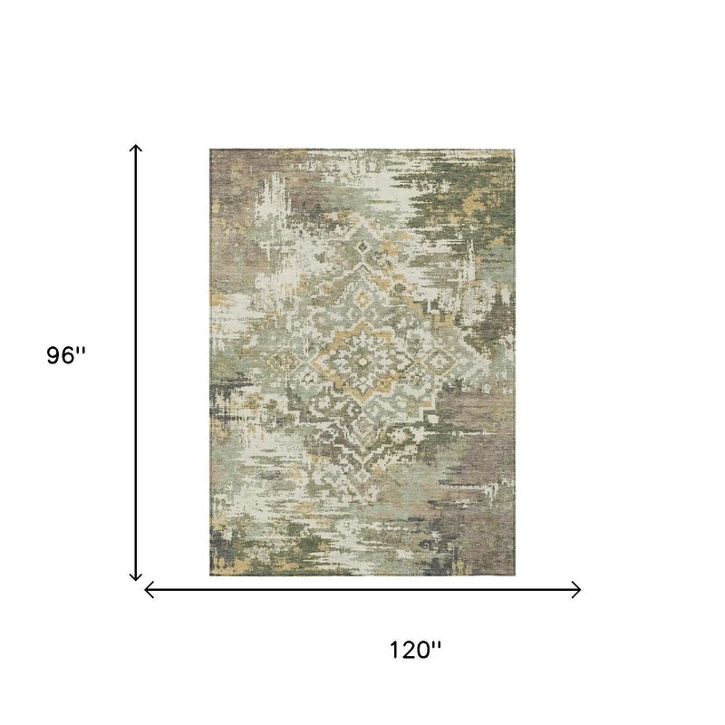 8' X 10' Sage And Green Medallion Washable Indoor Outdoor Area Rug Homeroots Outdoor