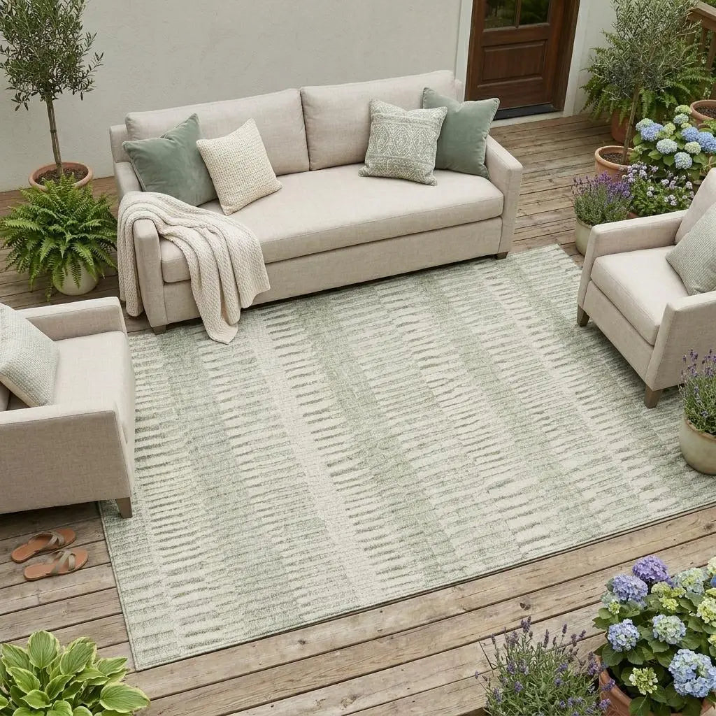 8' X 10' Sage And Green Striped Washable Indoor Outdoor Area Rug Homeroots Outdoor