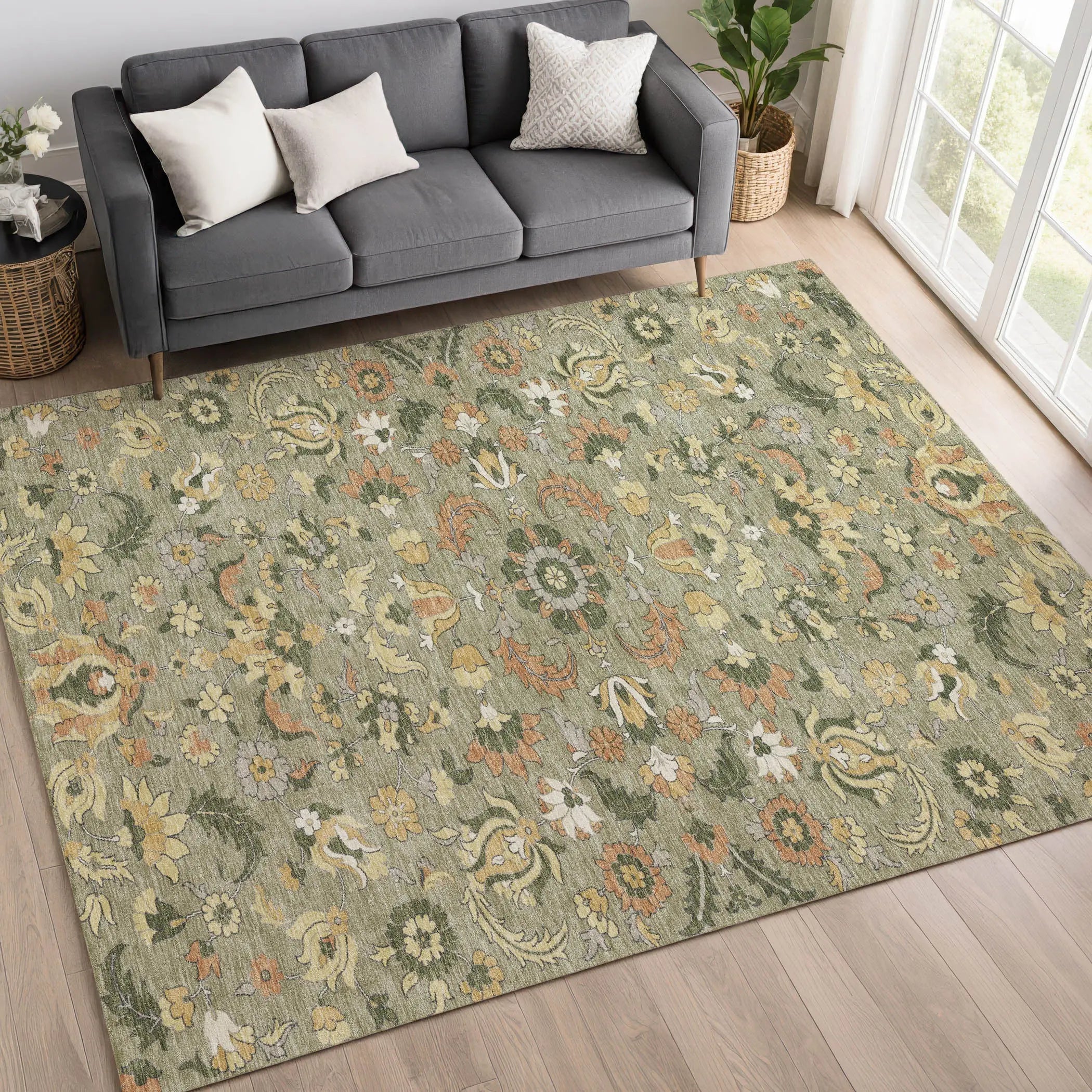 8' X 10' Sage And Olive Green Floral Medallion Washable Indoor Outdoor Area Rug Homeroots Outdoor