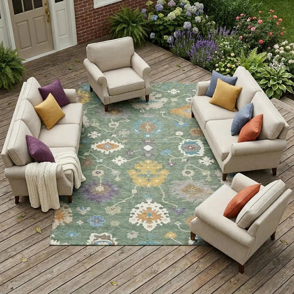 8' X 10' Sage And Orange Oriental Washable Indoor Outdoor Area Rug Homeroots Outdoor