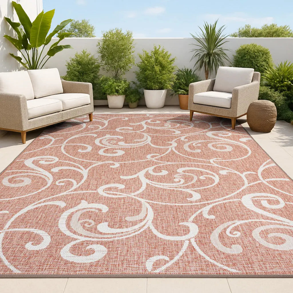 8' X 10' Salmon And Cream Floral Indoor Outdoor Area Rug - GreatEagleInc
