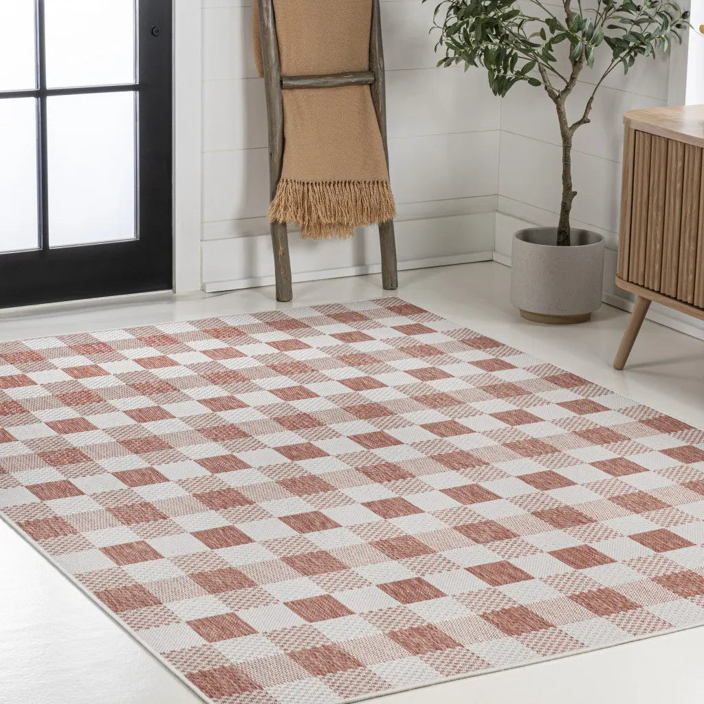 8' X 10' Salmon And Cream Geometric Indoor Outdoor Area Rug - GreatEagleInc