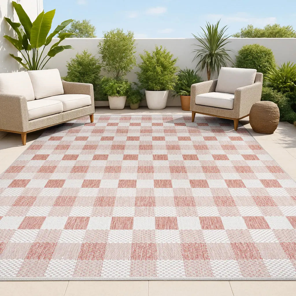 8' X 10' Salmon And Cream Geometric Indoor Outdoor Area Rug - GreatEagleInc