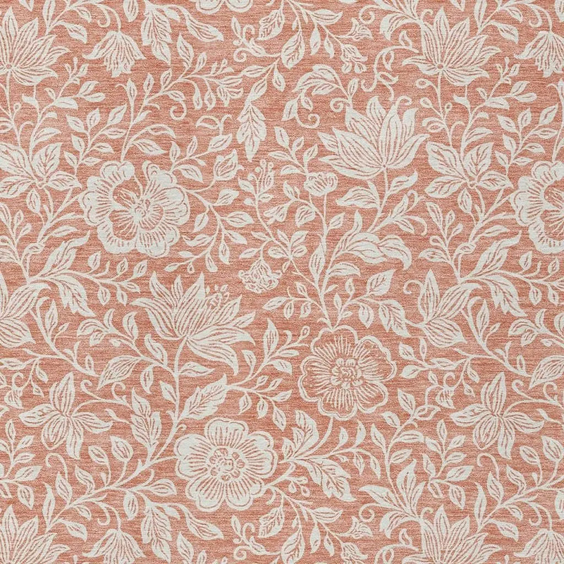 Rustic terracotta floral fabric with white intricate patterns, perfect for upholstery or home decor.