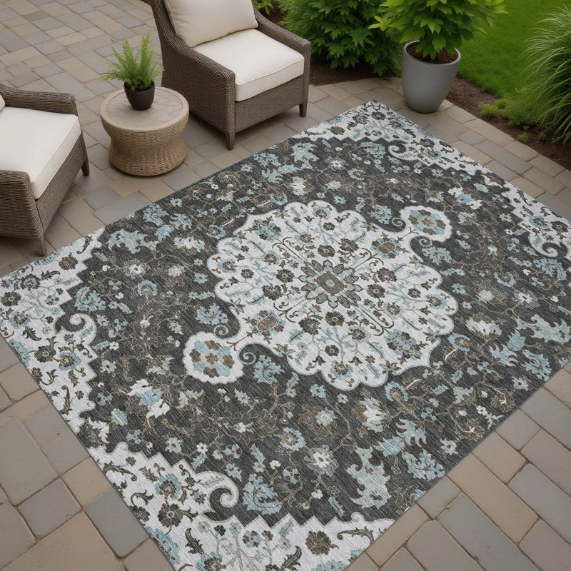 8' X 10' Silver And Charcoal Floral Medallion Washable Indoor Outdoor Area Rug Homeroots Outdoor