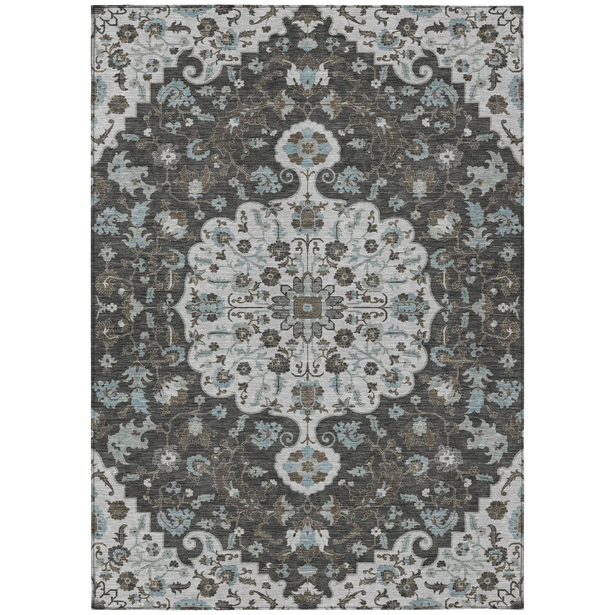 8' X 10' Silver And Charcoal Floral Medallion Washable Indoor Outdoor Area Rug Homeroots Outdoor
